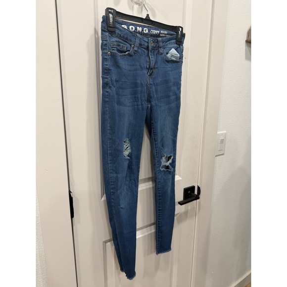 S.O.N.G. Curvy High Rise Skinny Ankle Jeans Distressed Ripped Raw Hem Blue 1/25 - Picture 3 of 10